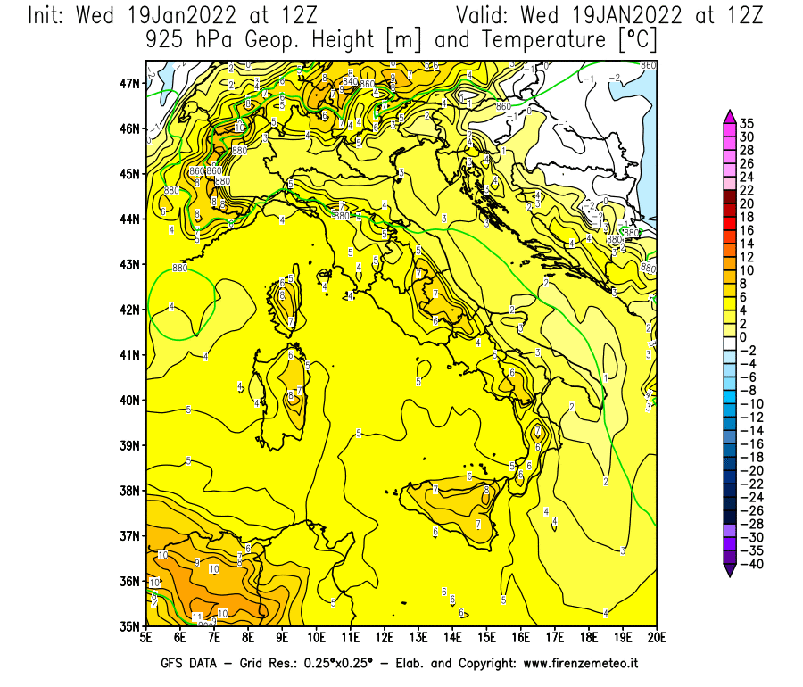 Mappa di analisi GFS - Geopotenziale [m] e Temperatura [°C] a 925 hPa in Italia
							del 19/01/2022 12 <!--googleoff: index-->UTC<!--googleon: index-->