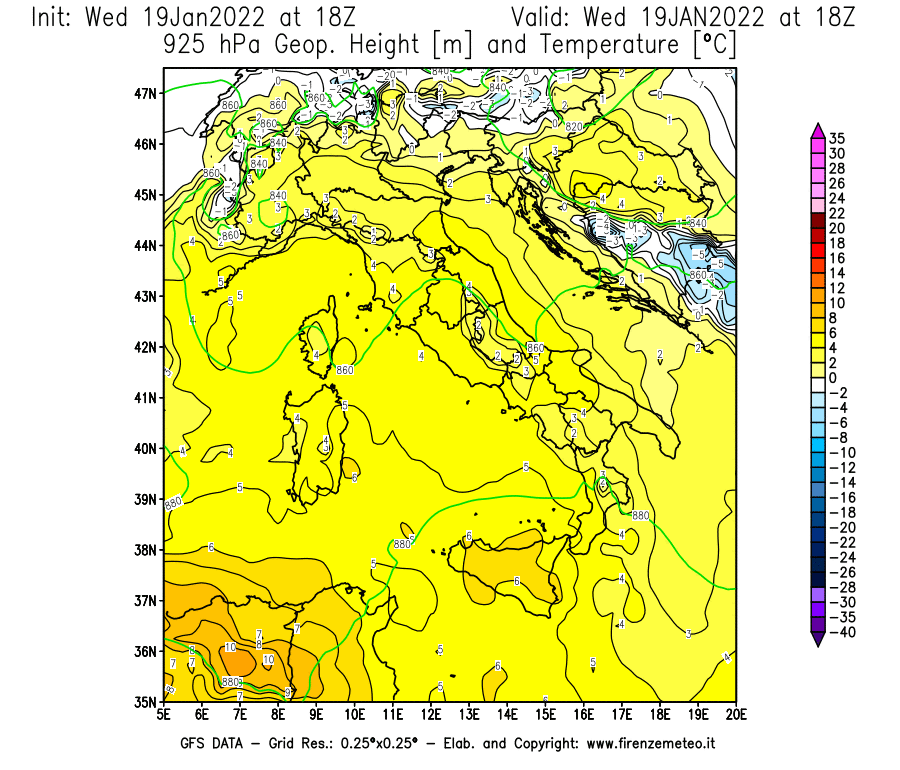 Mappa di analisi GFS - Geopotenziale [m] e Temperatura [°C] a 925 hPa in Italia
							del 19/01/2022 18 <!--googleoff: index-->UTC<!--googleon: index-->