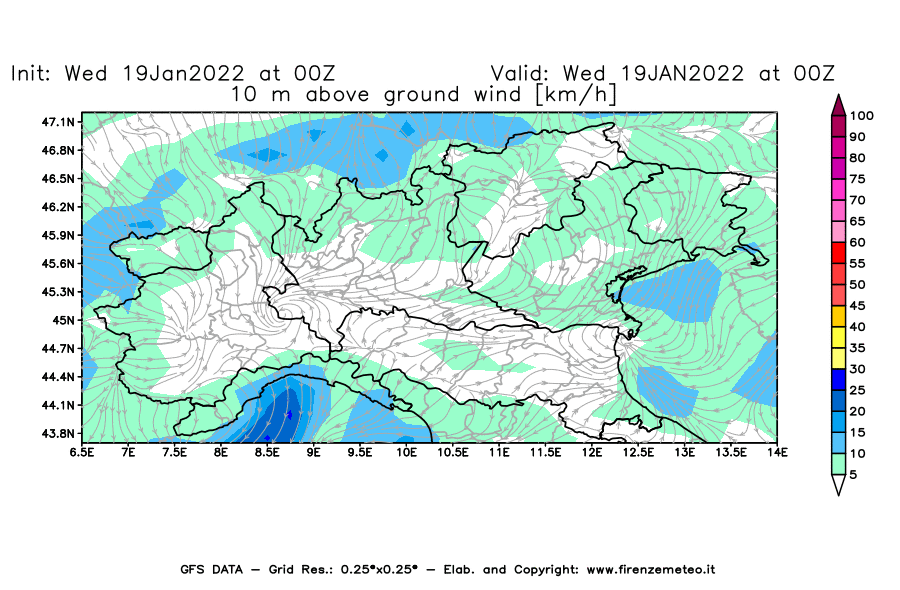 Mappa di analisi GFS - Velocità del vento a 10 metri dal suolo [km/h] in Nord-Italia
							del 19/01/2022 00 <!--googleoff: index-->UTC<!--googleon: index-->