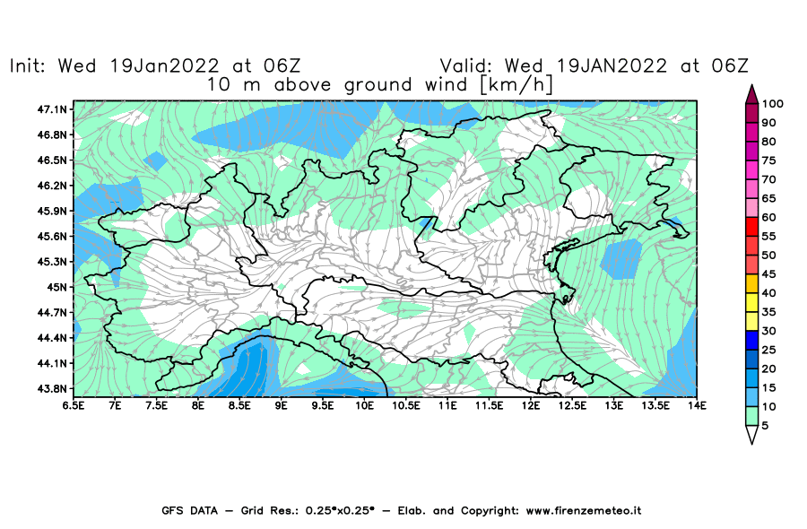 Mappa di analisi GFS - Velocità del vento a 10 metri dal suolo [km/h] in Nord-Italia
							del 19/01/2022 06 <!--googleoff: index-->UTC<!--googleon: index-->