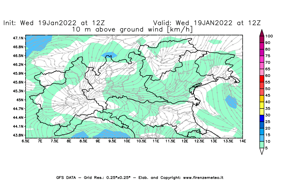 Mappa di analisi GFS - Velocità del vento a 10 metri dal suolo [km/h] in Nord-Italia
							del 19/01/2022 12 <!--googleoff: index-->UTC<!--googleon: index-->