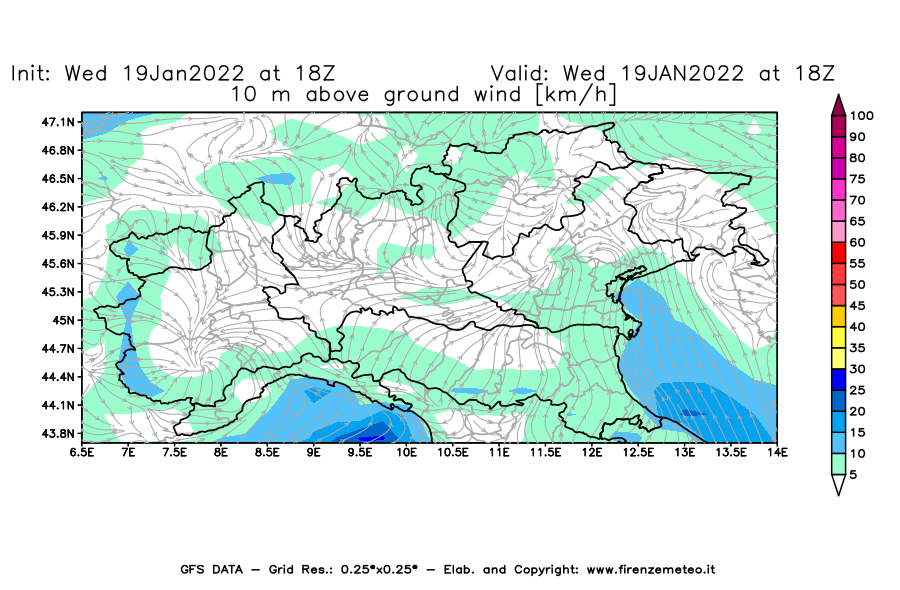 Mappa di analisi GFS - Velocità del vento a 10 metri dal suolo [km/h] in Nord-Italia
							del 19/01/2022 18 <!--googleoff: index-->UTC<!--googleon: index-->