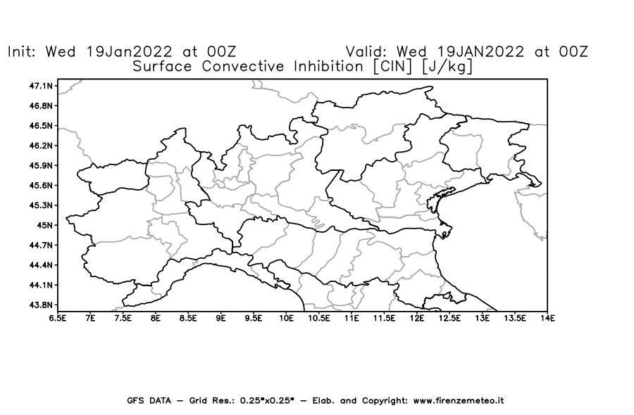 Mappa di analisi GFS - CIN [J/kg] in Nord-Italia
							del 19/01/2022 00 <!--googleoff: index-->UTC<!--googleon: index-->