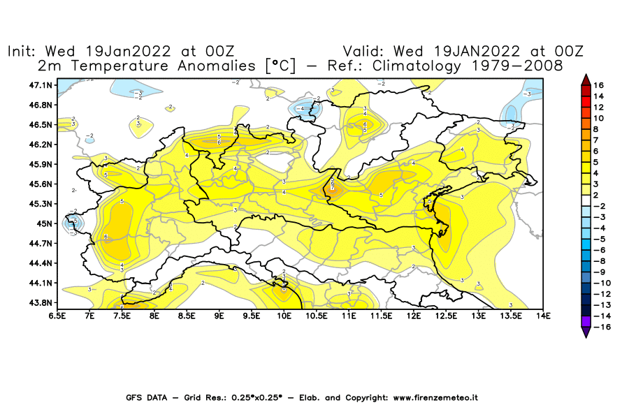 Mappa di analisi GFS - Anomalia Temperatura [°C] a 2 m in Nord-Italia
							del 19/01/2022 00 <!--googleoff: index-->UTC<!--googleon: index-->