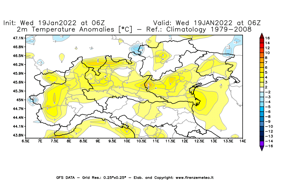 Mappa di analisi GFS - Anomalia Temperatura [°C] a 2 m in Nord-Italia
							del 19/01/2022 06 <!--googleoff: index-->UTC<!--googleon: index-->