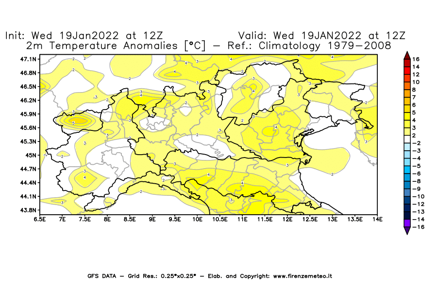 Mappa di analisi GFS - Anomalia Temperatura [°C] a 2 m in Nord-Italia
							del 19/01/2022 12 <!--googleoff: index-->UTC<!--googleon: index-->