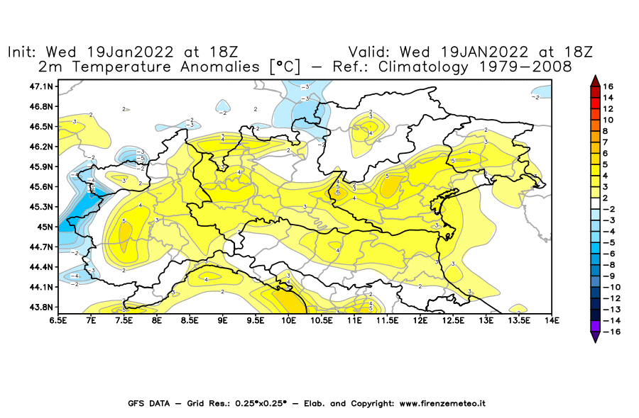 Mappa di analisi GFS - Anomalia Temperatura [°C] a 2 m in Nord-Italia
							del 19/01/2022 18 <!--googleoff: index-->UTC<!--googleon: index-->