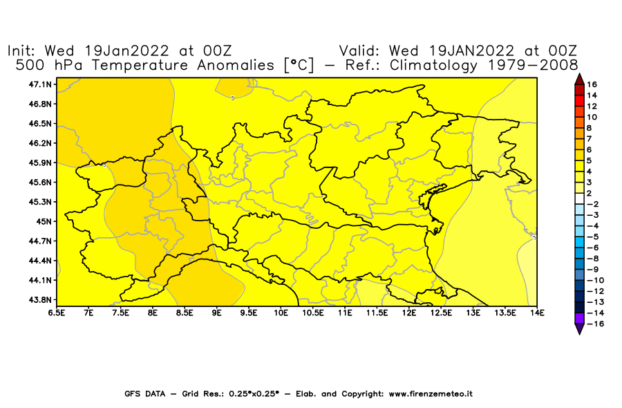 Mappa di analisi GFS - Anomalia Temperatura [°C] a 500 hPa in Nord-Italia
							del 19/01/2022 00 <!--googleoff: index-->UTC<!--googleon: index-->