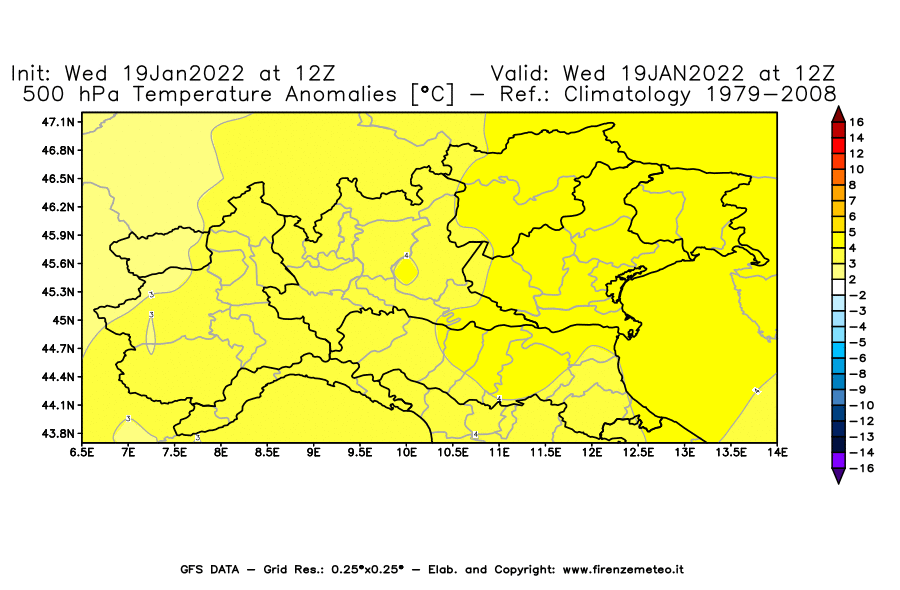 Mappa di analisi GFS - Anomalia Temperatura [°C] a 500 hPa in Nord-Italia
							del 19/01/2022 12 <!--googleoff: index-->UTC<!--googleon: index-->