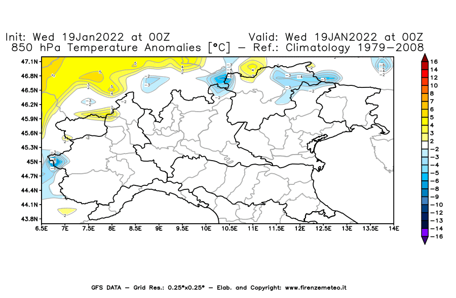 Mappa di analisi GFS - Anomalia Temperatura [°C] a 850 hPa in Nord-Italia
							del 19/01/2022 00 <!--googleoff: index-->UTC<!--googleon: index-->