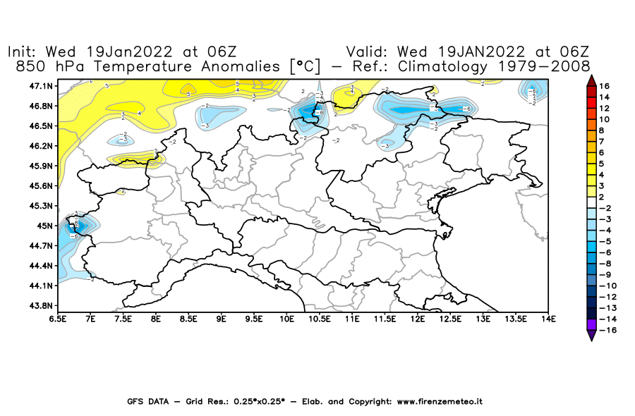 Mappa di analisi GFS - Anomalia Temperatura [°C] a 850 hPa in Nord-Italia
							del 19/01/2022 06 <!--googleoff: index-->UTC<!--googleon: index-->