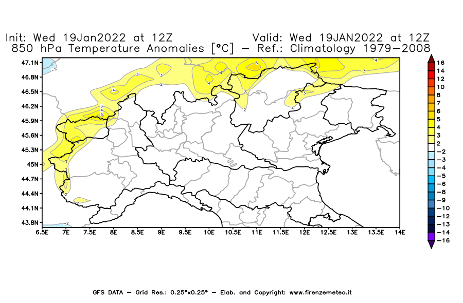 Mappa di analisi GFS - Anomalia Temperatura [°C] a 850 hPa in Nord-Italia
							del 19/01/2022 12 <!--googleoff: index-->UTC<!--googleon: index-->
