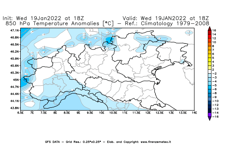 Mappa di analisi GFS - Anomalia Temperatura [°C] a 850 hPa in Nord-Italia
							del 19/01/2022 18 <!--googleoff: index-->UTC<!--googleon: index-->