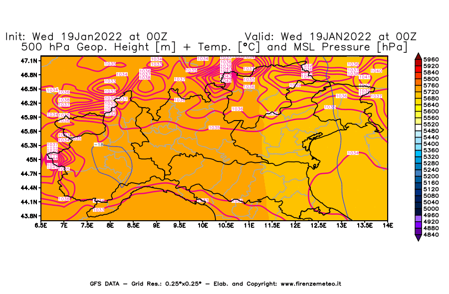 Mappa di analisi GFS - Geopotenziale [m] + Temp. [°C] a 500 hPa + Press. a livello del mare [hPa] in Nord-Italia
							del 19/01/2022 00 <!--googleoff: index-->UTC<!--googleon: index-->
