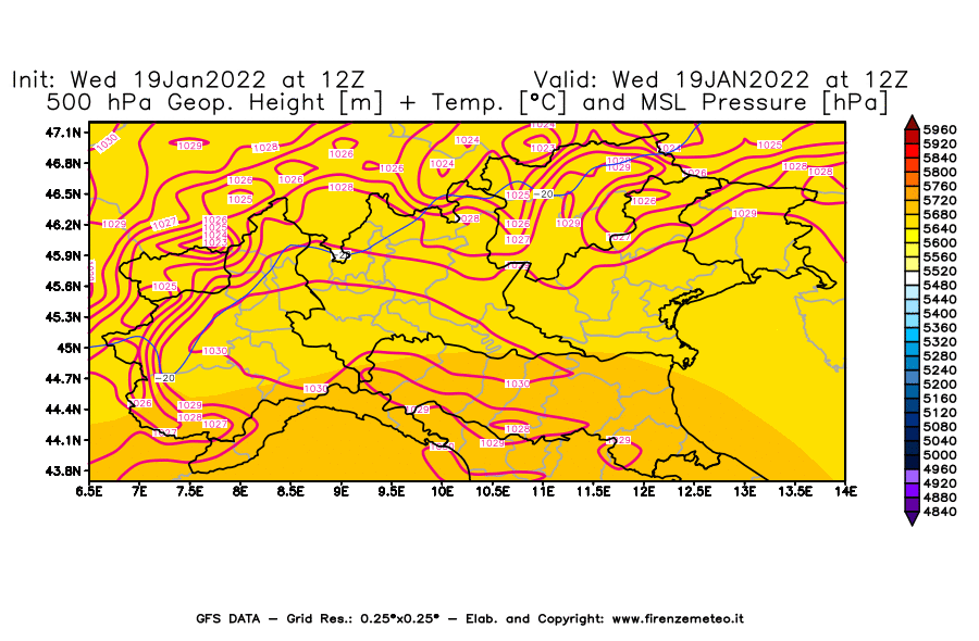 Mappa di analisi GFS - Geopotenziale [m] + Temp. [°C] a 500 hPa + Press. a livello del mare [hPa] in Nord-Italia
							del 19/01/2022 12 <!--googleoff: index-->UTC<!--googleon: index-->