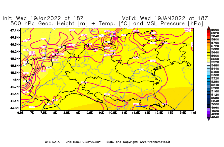 Mappa di analisi GFS - Geopotenziale [m] + Temp. [°C] a 500 hPa + Press. a livello del mare [hPa] in Nord-Italia
							del 19/01/2022 18 <!--googleoff: index-->UTC<!--googleon: index-->
