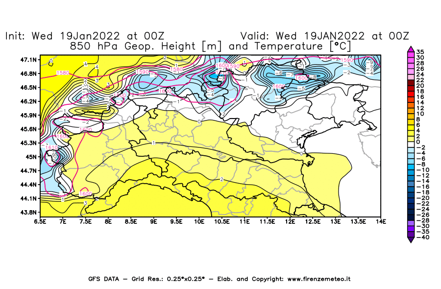Mappa di analisi GFS - Geopotenziale [m] e Temperatura [°C] a 850 hPa in Nord-Italia
							del 19/01/2022 00 <!--googleoff: index-->UTC<!--googleon: index-->