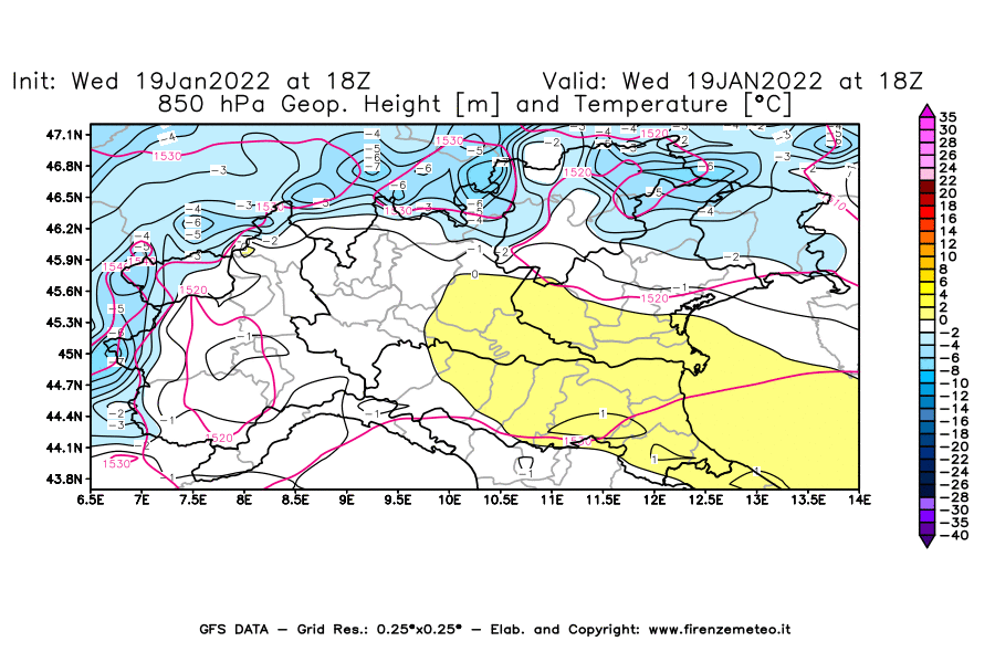 Mappa di analisi GFS - Geopotenziale [m] e Temperatura [°C] a 850 hPa in Nord-Italia
							del 19/01/2022 18 <!--googleoff: index-->UTC<!--googleon: index-->