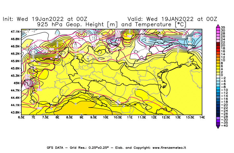 Mappa di analisi GFS - Geopotenziale [m] e Temperatura [°C] a 925 hPa in Nord-Italia
							del 19/01/2022 00 <!--googleoff: index-->UTC<!--googleon: index-->