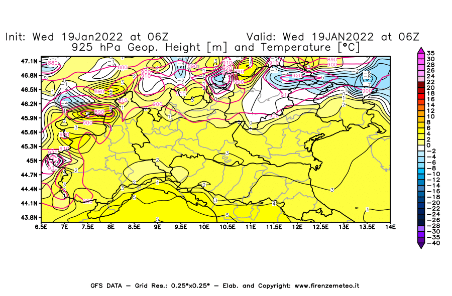 Mappa di analisi GFS - Geopotenziale [m] e Temperatura [°C] a 925 hPa in Nord-Italia
							del 19/01/2022 06 <!--googleoff: index-->UTC<!--googleon: index-->