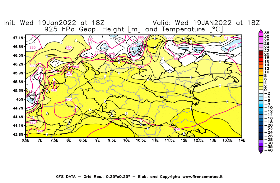 Mappa di analisi GFS - Geopotenziale [m] e Temperatura [°C] a 925 hPa in Nord-Italia
							del 19/01/2022 18 <!--googleoff: index-->UTC<!--googleon: index-->
