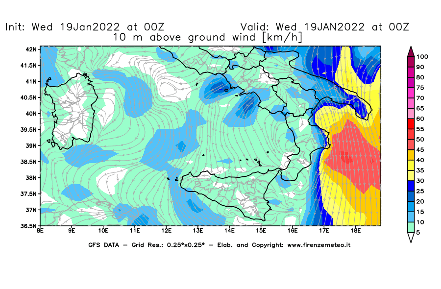 Mappa di analisi GFS - Velocità del vento a 10 metri dal suolo [km/h] in Sud-Italia
							del 19/01/2022 00 <!--googleoff: index-->UTC<!--googleon: index-->