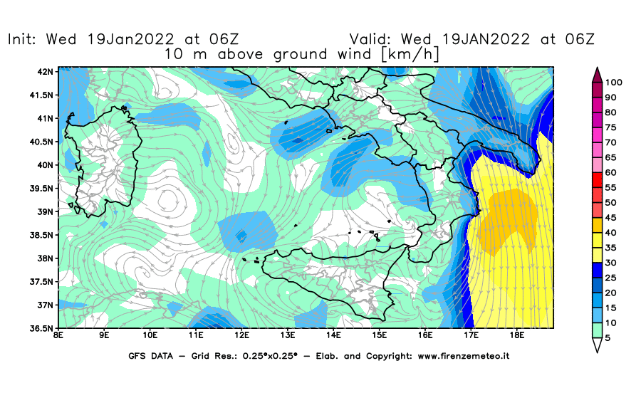 Mappa di analisi GFS - Velocità del vento a 10 metri dal suolo [km/h] in Sud-Italia
							del 19/01/2022 06 <!--googleoff: index-->UTC<!--googleon: index-->