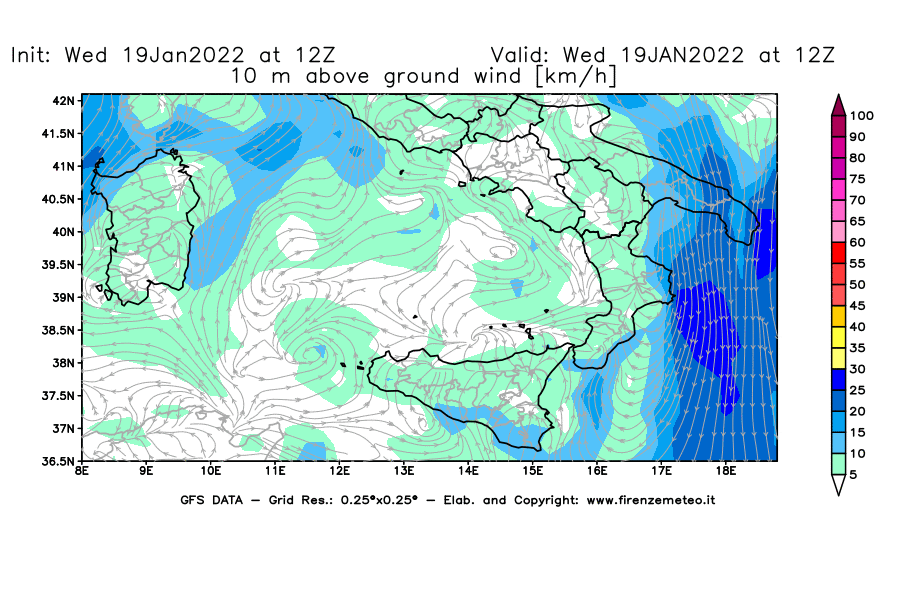 Mappa di analisi GFS - Velocità del vento a 10 metri dal suolo [km/h] in Sud-Italia
							del 19/01/2022 12 <!--googleoff: index-->UTC<!--googleon: index-->