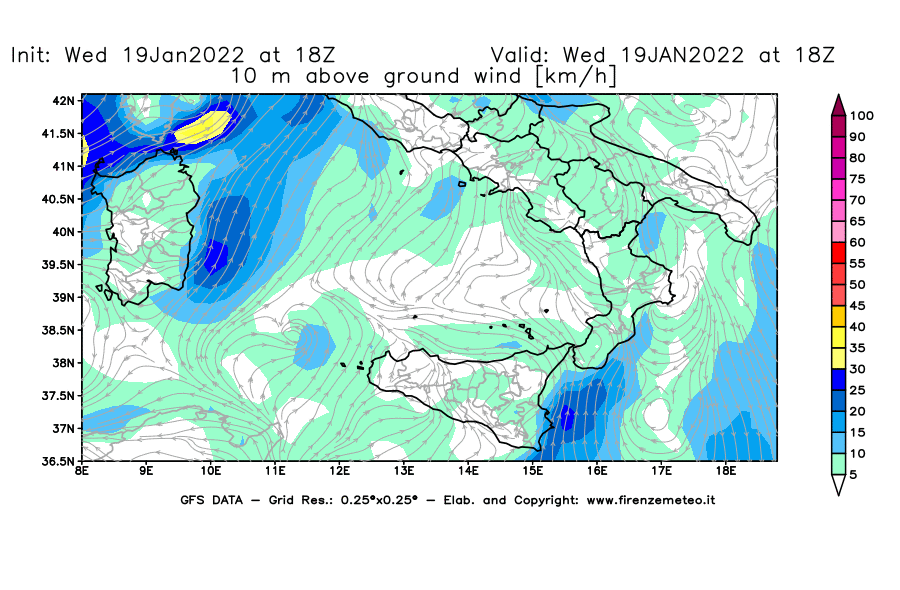 Mappa di analisi GFS - Velocità del vento a 10 metri dal suolo [km/h] in Sud-Italia
							del 19/01/2022 18 <!--googleoff: index-->UTC<!--googleon: index-->