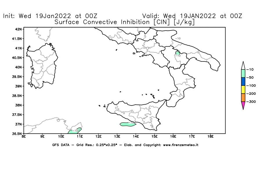 Mappa di analisi GFS - CIN [J/kg] in Sud-Italia
							del 19/01/2022 00 <!--googleoff: index-->UTC<!--googleon: index-->