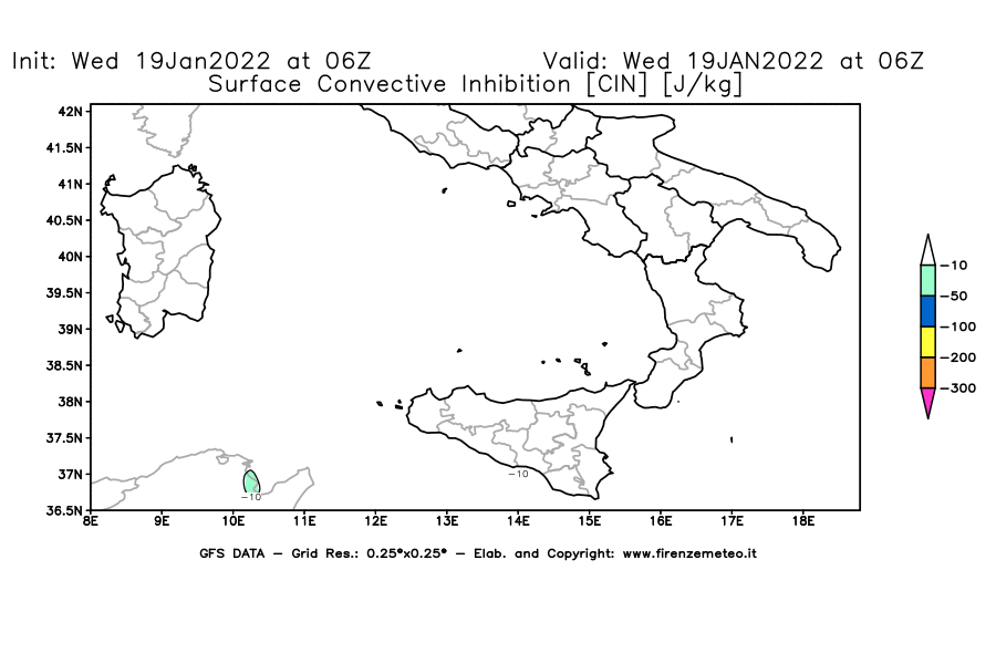 Mappa di analisi GFS - CIN [J/kg] in Sud-Italia
							del 19/01/2022 06 <!--googleoff: index-->UTC<!--googleon: index-->