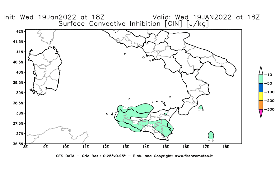 Mappa di analisi GFS - CIN [J/kg] in Sud-Italia
							del 19/01/2022 18 <!--googleoff: index-->UTC<!--googleon: index-->