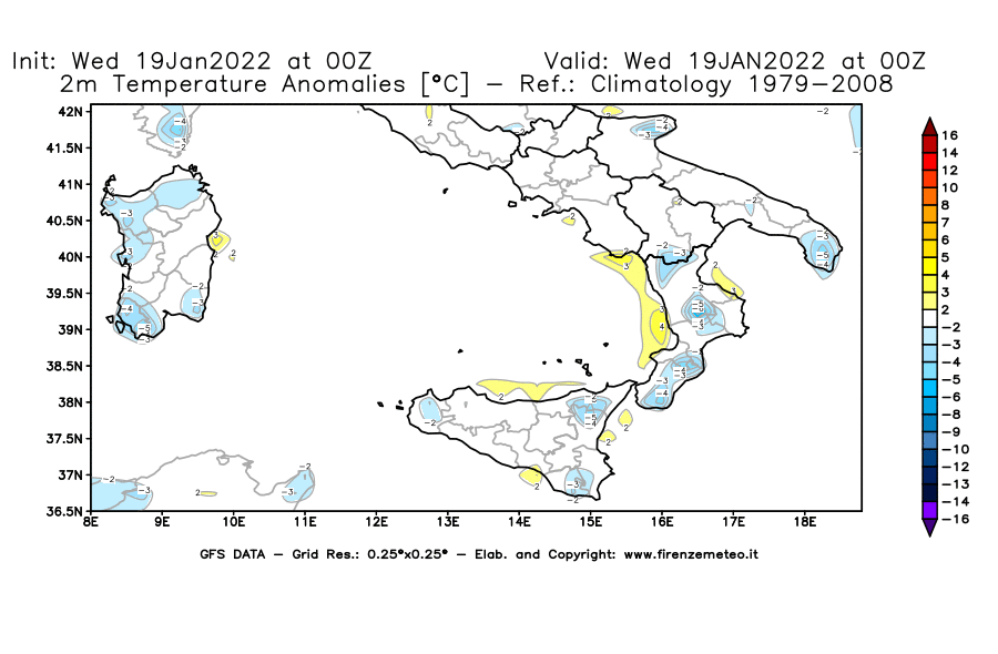Mappa di analisi GFS - Anomalia Temperatura [°C] a 2 m in Sud-Italia
							del 19/01/2022 00 <!--googleoff: index-->UTC<!--googleon: index-->