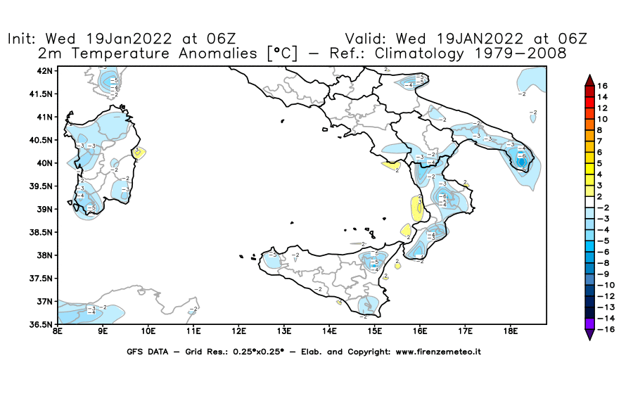 Mappa di analisi GFS - Anomalia Temperatura [°C] a 2 m in Sud-Italia
							del 19/01/2022 06 <!--googleoff: index-->UTC<!--googleon: index-->