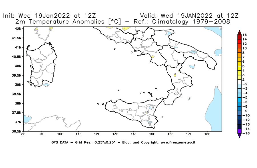 Mappa di analisi GFS - Anomalia Temperatura [°C] a 2 m in Sud-Italia
							del 19/01/2022 12 <!--googleoff: index-->UTC<!--googleon: index-->