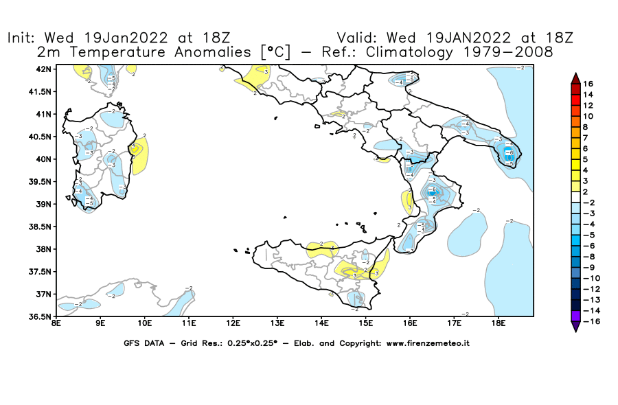 Mappa di analisi GFS - Anomalia Temperatura [°C] a 2 m in Sud-Italia
							del 19/01/2022 18 <!--googleoff: index-->UTC<!--googleon: index-->