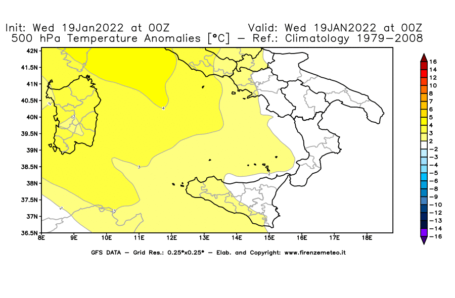 Mappa di analisi GFS - Anomalia Temperatura [°C] a 500 hPa in Sud-Italia
							del 19/01/2022 00 <!--googleoff: index-->UTC<!--googleon: index-->