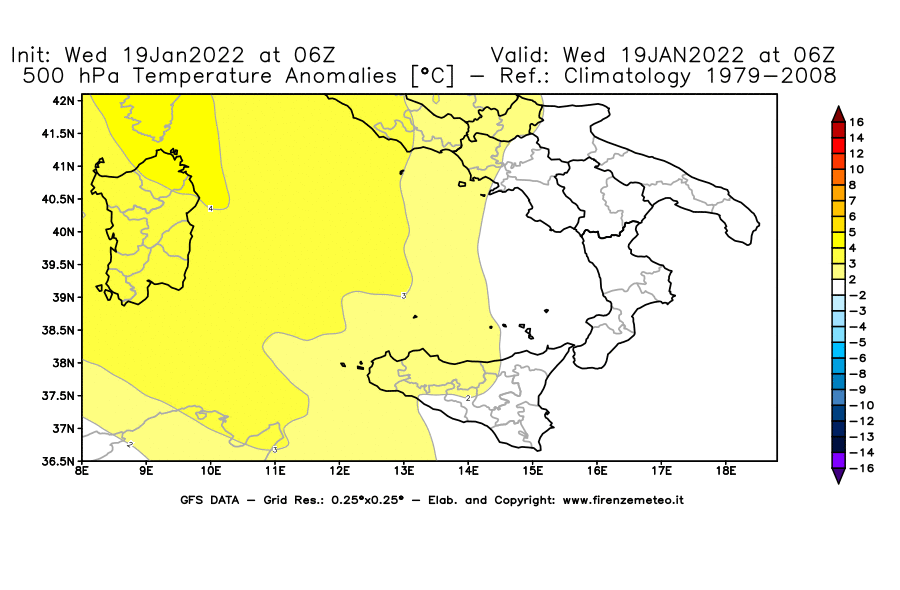 Mappa di analisi GFS - Anomalia Temperatura [°C] a 500 hPa in Sud-Italia
							del 19/01/2022 06 <!--googleoff: index-->UTC<!--googleon: index-->