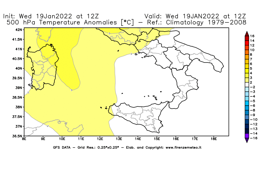 Mappa di analisi GFS - Anomalia Temperatura [°C] a 500 hPa in Sud-Italia
							del 19/01/2022 12 <!--googleoff: index-->UTC<!--googleon: index-->
