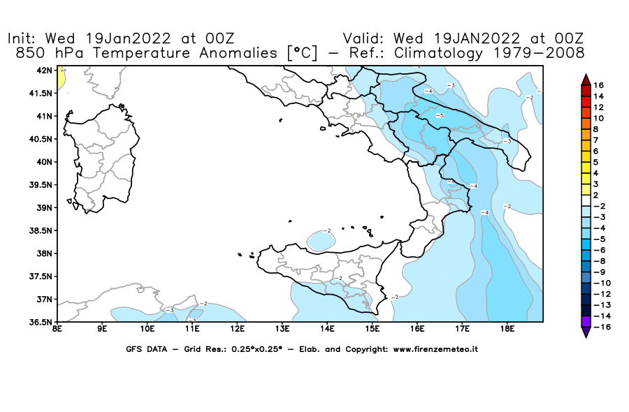 Mappa di analisi GFS - Anomalia Temperatura [°C] a 850 hPa in Sud-Italia
							del 19/01/2022 00 <!--googleoff: index-->UTC<!--googleon: index-->
