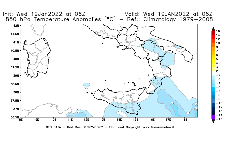 Mappa di analisi GFS - Anomalia Temperatura [°C] a 850 hPa in Sud-Italia
							del 19/01/2022 06 <!--googleoff: index-->UTC<!--googleon: index-->