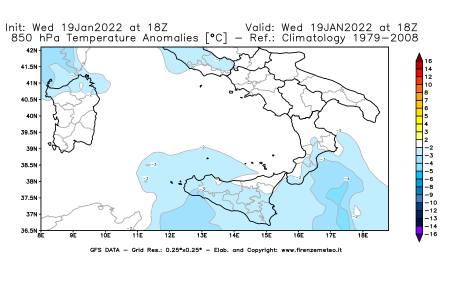 Mappa di analisi GFS - Anomalia Temperatura [°C] a 850 hPa in Sud-Italia
							del 19/01/2022 18 <!--googleoff: index-->UTC<!--googleon: index-->