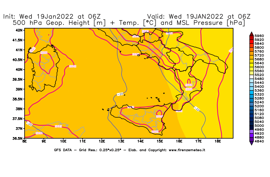 Mappa di analisi GFS - Geopotenziale [m] + Temp. [°C] a 500 hPa + Press. a livello del mare [hPa] in Sud-Italia
							del 19/01/2022 06 <!--googleoff: index-->UTC<!--googleon: index-->