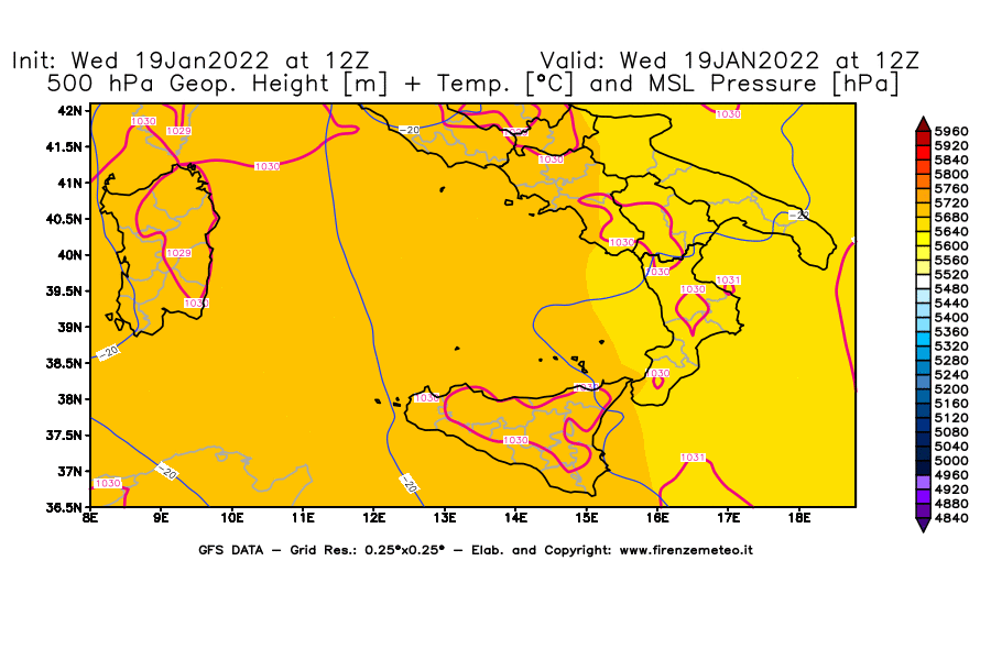 Mappa di analisi GFS - Geopotenziale [m] + Temp. [°C] a 500 hPa + Press. a livello del mare [hPa] in Sud-Italia
							del 19/01/2022 12 <!--googleoff: index-->UTC<!--googleon: index-->