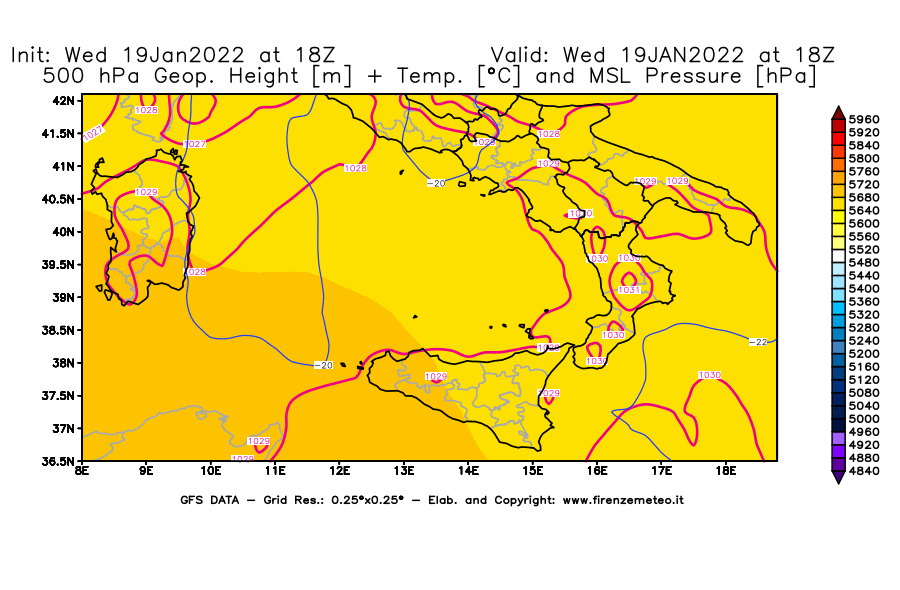 Mappa di analisi GFS - Geopotenziale [m] + Temp. [°C] a 500 hPa + Press. a livello del mare [hPa] in Sud-Italia
							del 19/01/2022 18 <!--googleoff: index-->UTC<!--googleon: index-->