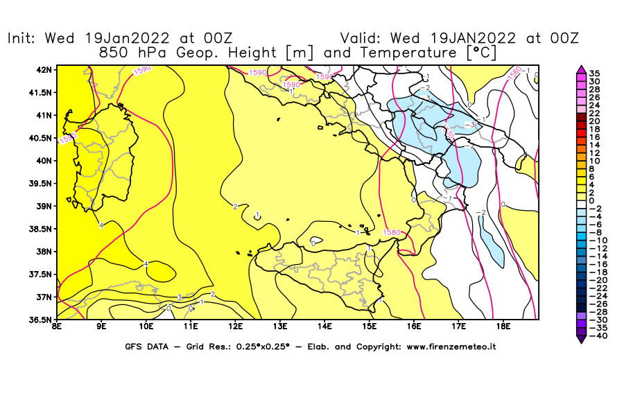 Mappa di analisi GFS - Geopotenziale [m] e Temperatura [°C] a 850 hPa in Sud-Italia
							del 19/01/2022 00 <!--googleoff: index-->UTC<!--googleon: index-->