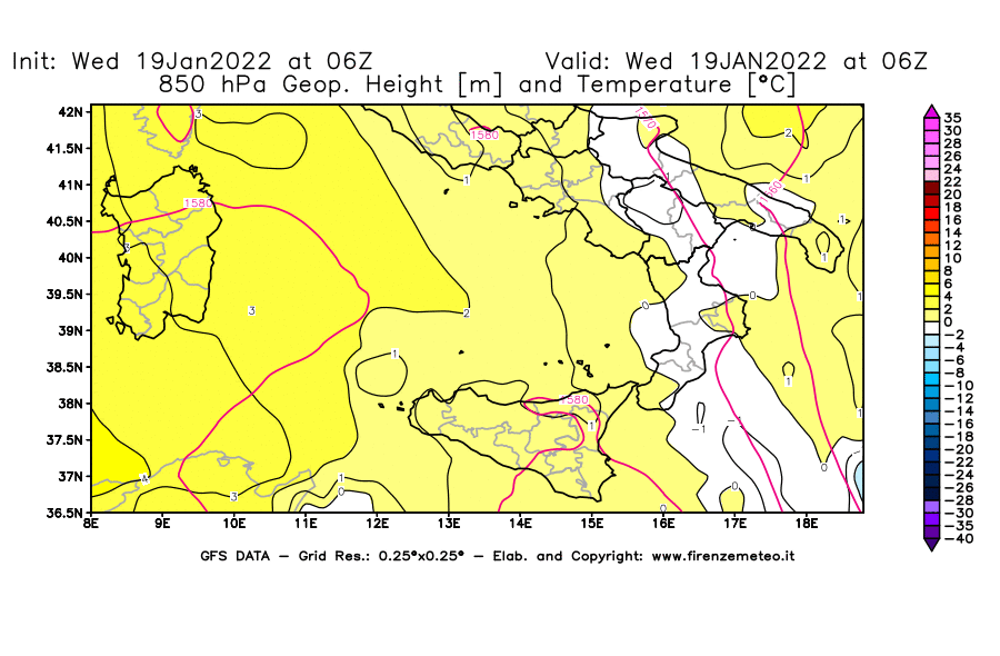 Mappa di analisi GFS - Geopotenziale [m] e Temperatura [°C] a 850 hPa in Sud-Italia
							del 19/01/2022 06 <!--googleoff: index-->UTC<!--googleon: index-->
