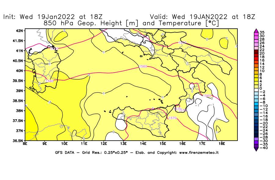 Mappa di analisi GFS - Geopotenziale [m] e Temperatura [°C] a 850 hPa in Sud-Italia
							del 19/01/2022 18 <!--googleoff: index-->UTC<!--googleon: index-->