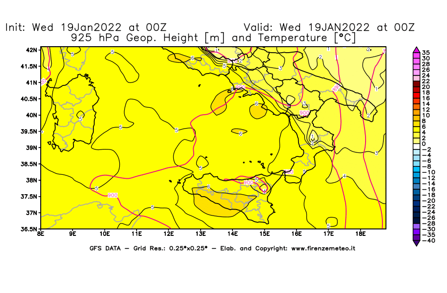 Mappa di analisi GFS - Geopotenziale [m] e Temperatura [°C] a 925 hPa in Sud-Italia
							del 19/01/2022 00 <!--googleoff: index-->UTC<!--googleon: index-->