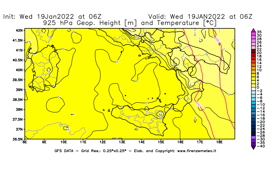 Mappa di analisi GFS - Geopotenziale [m] e Temperatura [°C] a 925 hPa in Sud-Italia
							del 19/01/2022 06 <!--googleoff: index-->UTC<!--googleon: index-->